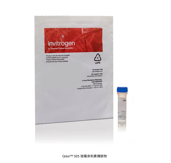 Qdot™ 525 链霉亲和素偶联物  Qdot™ 525 链霉亲和素偶联物由一种共价结合荧光标记物（